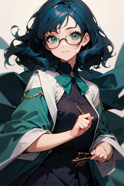 Beautiful girl, perfect anatomy, cute and gorgeous face, has a great cute smile, beautiful eyes, green eyes, wears glasses, dark blue wavy hair, dark blue hair, short hair, wears a victorian military outfit, small breasts, anime style.