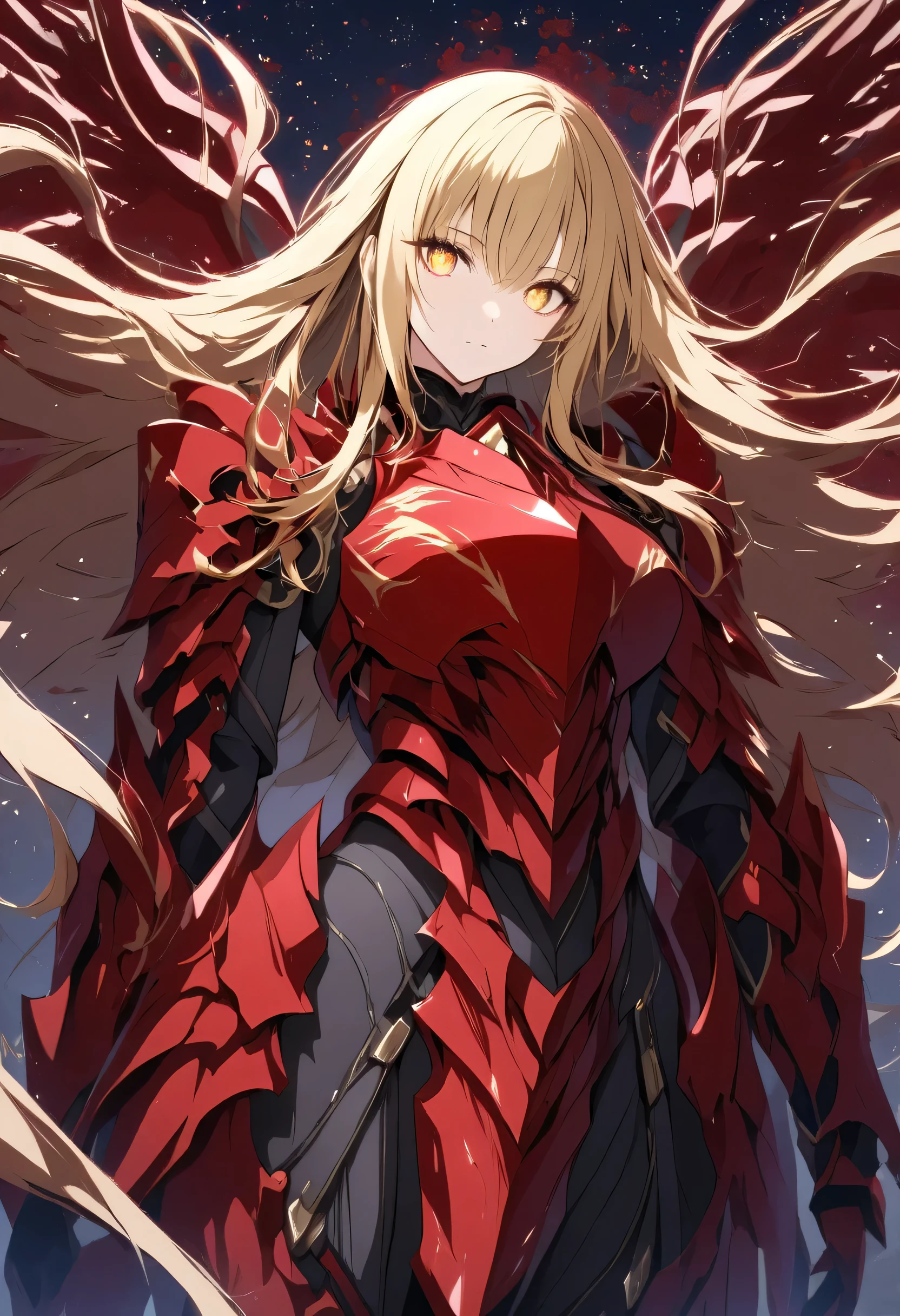 Female + long blonde hair faded slightly to grey + golden eyes + crimson red knight armor + shadow garden background + night sky + solo