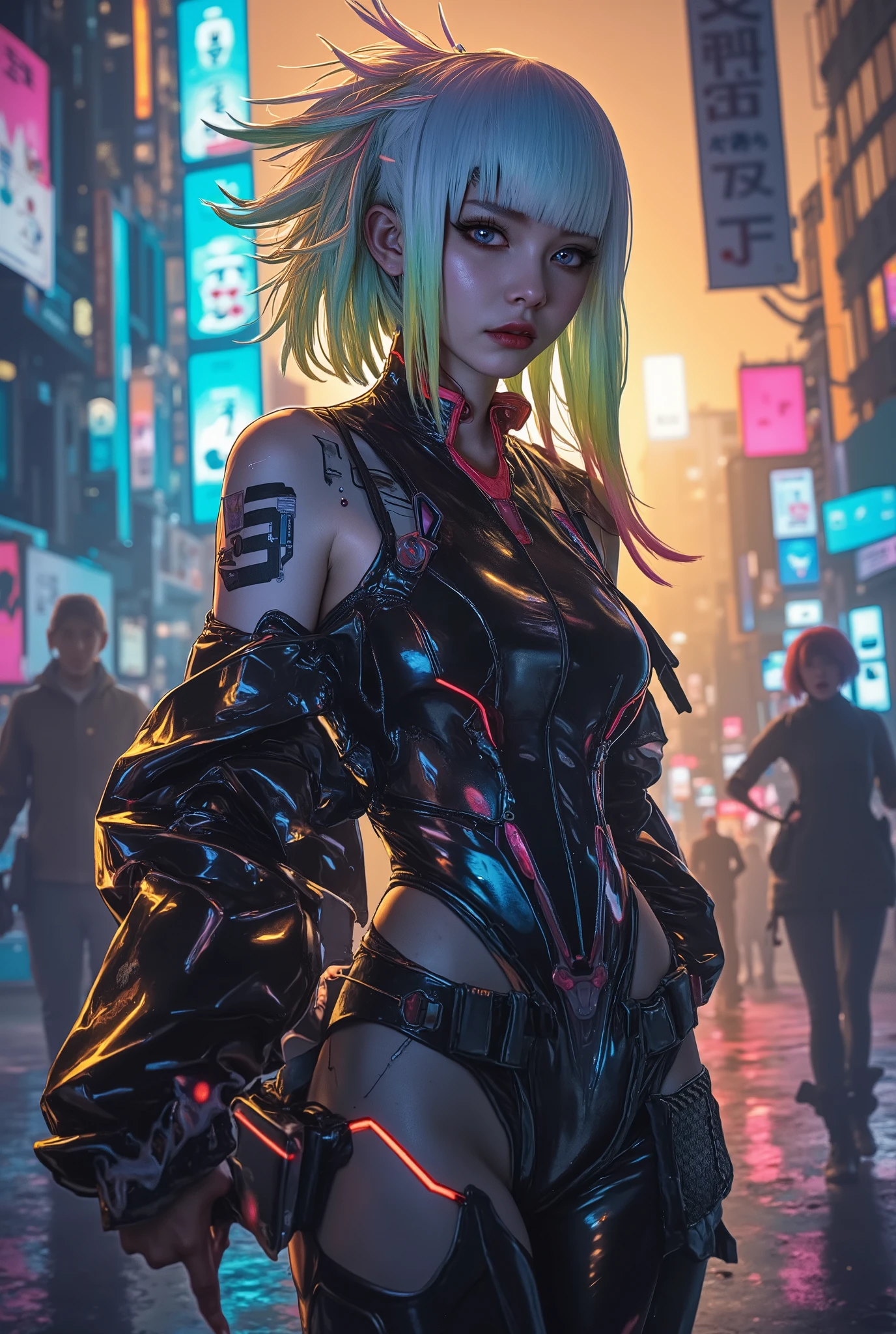 ((manga art style cowboy shot) of (perfect Asian cyberpunk girl wearing detailed Harajuku clothing))), (((dynamic pose))), ((LED lights)), (((extremely wild (punk hairstyle)))), ((manga drawing)), ((cinematic lighting)), ((chiaroscuro)), warm colours, perfect features, abstract beauty, near perfection, pure form, concept art, intricate detail, 8k post-production, High resolution, super Detail, trending on ArtStation, sharp focus, studio photos.