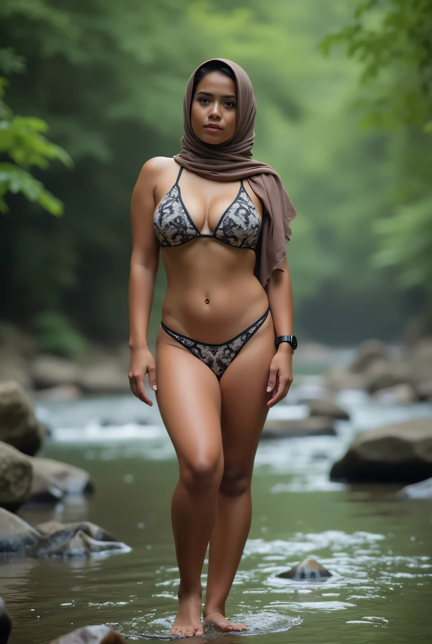 ((4, Indonesian Mature woman, mature age woman, Hijab, Wearing Tight Singlet, Thong underwear, Wet Clothes :1.2))), ((Natural Gigantic Breast : 1.4)), ((Saggiest Breast : 1.3)), casual Pose, Smiling face, Professional Photoghraphy, work By Master Of Photoghraphy, (((At Waterfall))), (((Having Bath))), Deep photo, Full body shot, 32K Best Quality photo, Ultra-high spa desi