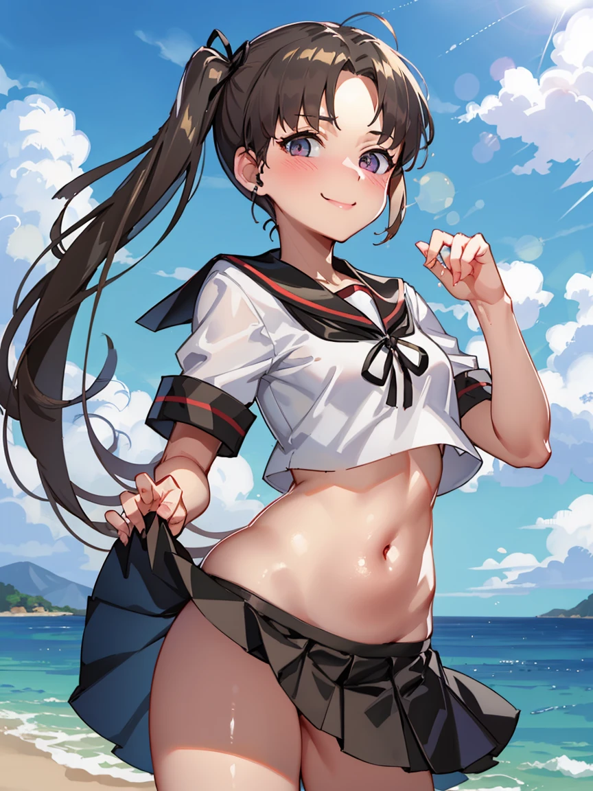 ung_teee girls、Loli、brhair、short_ponytail, long_bangs、blue_midriff_baring_sailor_uniform、mini_skirt、short_sleeve、thickthighs、big_tits,closeds, Sorrisos、open_mouth、dynamic_pose_standing ,harbor,dock_background、spread_legs、happiness、NSFW、short_gloves, (wet:1.4),transparent,covered_nipples, covereh, under_tits, sweat, bare_thig(groin:1.5),