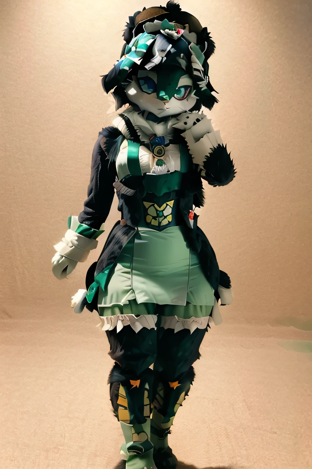 Alone, live-action、One Phantom, Phantom of SFX , take off underwear、 cute、no human、fabric apron、 beret、 thighs、pale green body color、Patchwork、Animal Face