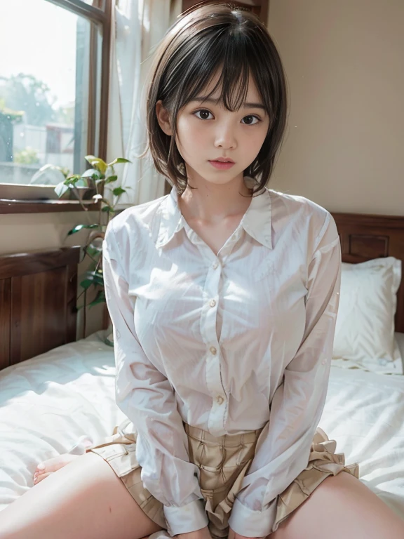 raw photo, 1girl, medium breast, light smile, detailed skin, simple background, spread legs, nipple, pussy, nipples, cute face, beautiful face, collared blouse, White blouse, constricted waist, spread pussy, opened clothes, intricate detailed, high quality1girl, nude, (shiny skin), room, perfect anatomy, bed sheet, vpussy, pov, bokeh, photorealistic, depth of field, masterpiece, best quality, anatomically correct, super detail, textured skin, highres, accurate