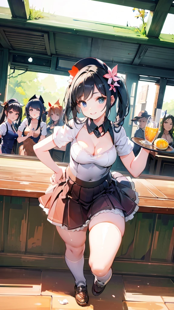 group of girls waitresses dynimic poses with soda bottle in their hands low view angle extending hand to viewer full body smiling