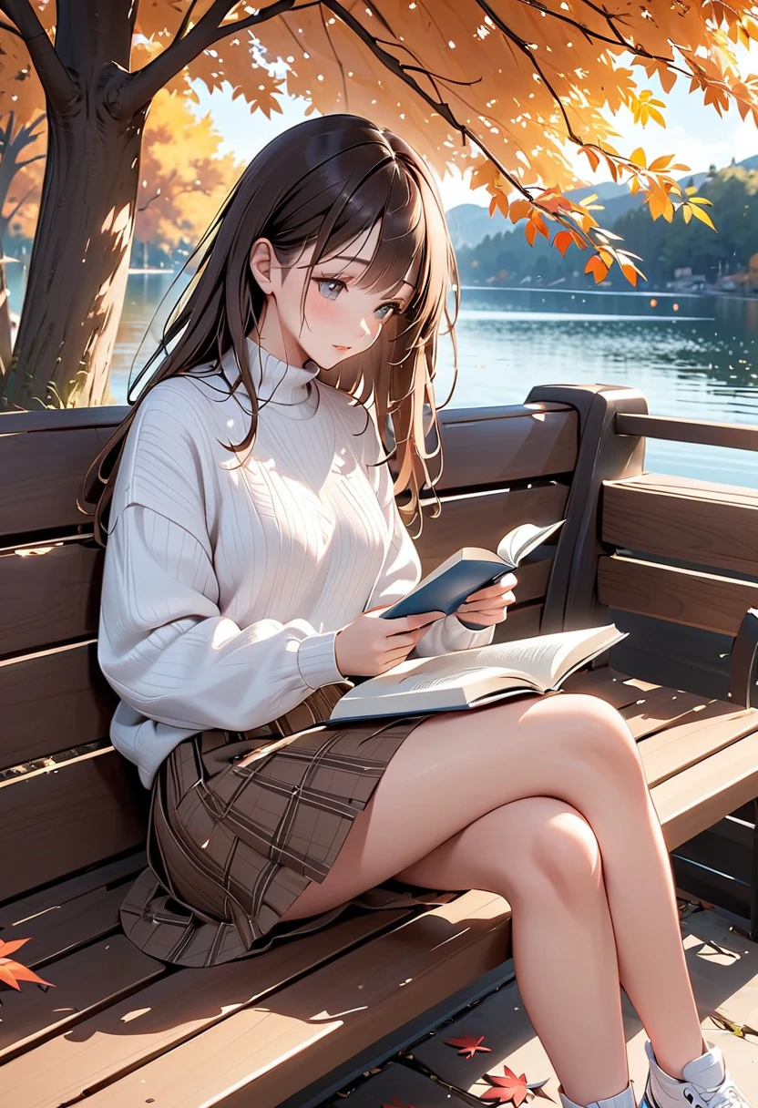 8K分辨率、Ultra-detailed CG footage、1girl in, (Sitting on the grass leaning against a tree, Reading a book, Knees together, Feet apart, up skirt, (hairy:1.1), (Pubic hair:1.1), (view from front, low angles), Onepiece, Detailed, morning, Sunrise, High resolution, ultra-quality, Super masterpiece, Colored leaves,