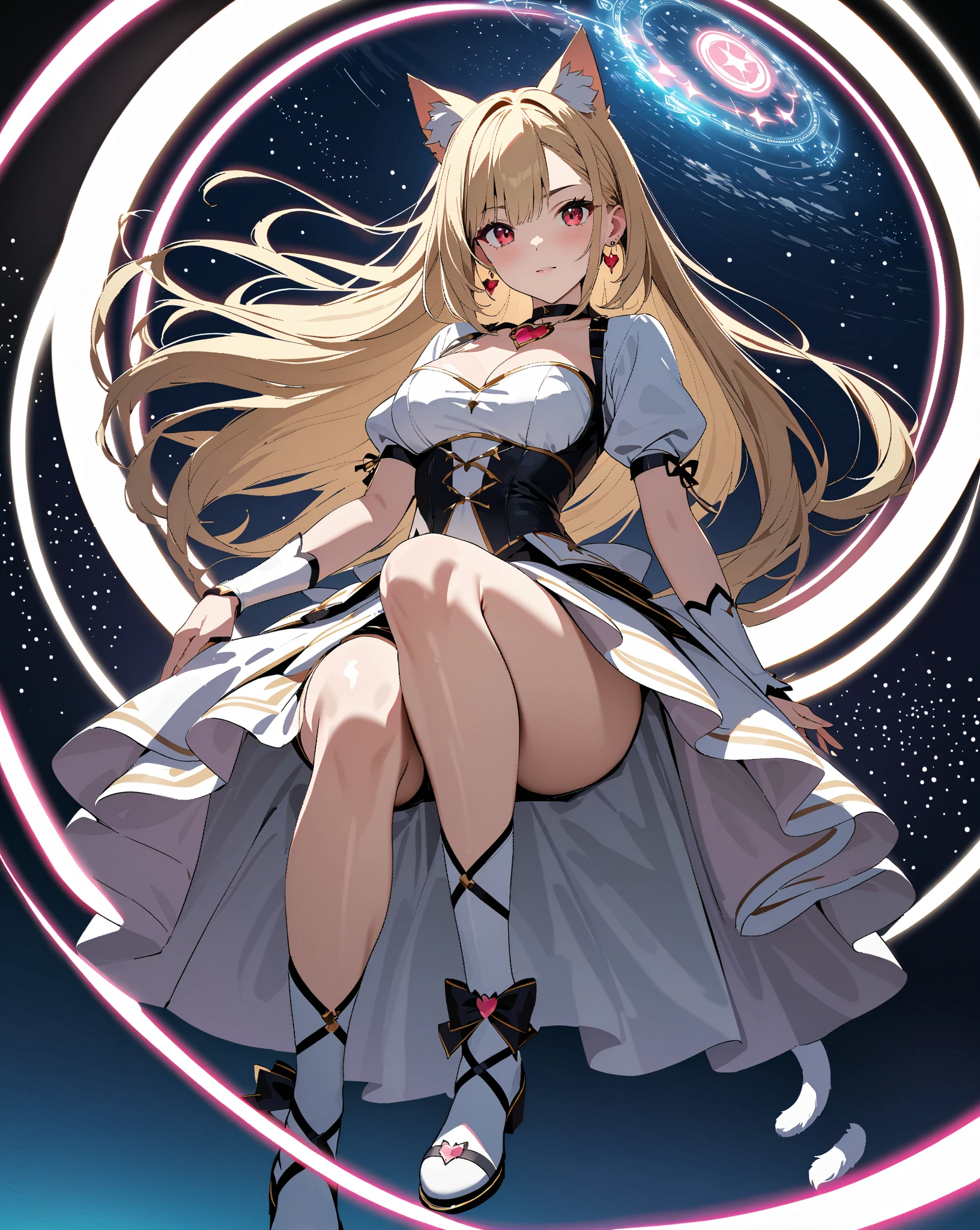 Anime Kawaii sexy Perfect Slim sensual body large breast and huge thighs, An intricate and highly detailed illustration of anime (Young girl) An extremely beautiful stunning woman with a perfect busty body, gold blonde long silky hair, big blue eyes, extremely super bright snow white fair stunning flawless glowing lush shiny flawless white skin, a perfect tight hourglass figure, and a skinny waist, sexy thick smooth luscious legs, and thighs, extremely cute smile on the face, bright pink blushes on cheeks, wearing a tight knee-length white floral dress, pink off-shoulder sweater, yellow heels, gold necklace on the neck, gold anklets on feet, gold chain on the waist, standing straight, holding a chocolate bar, garden in the background, show full body from head to feet.