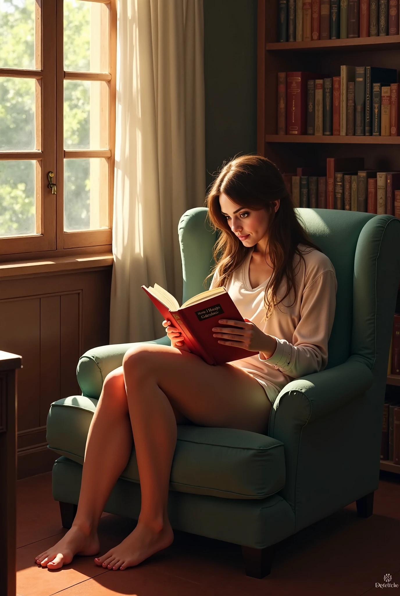 Ultra Realistic,Anna, wearing comfortable clothes, sitting on a couch, reading a book, shadows, relaxed, elegant, <lora:Cine Princesses:1> <lora:EnvyEleganceXL01:1>