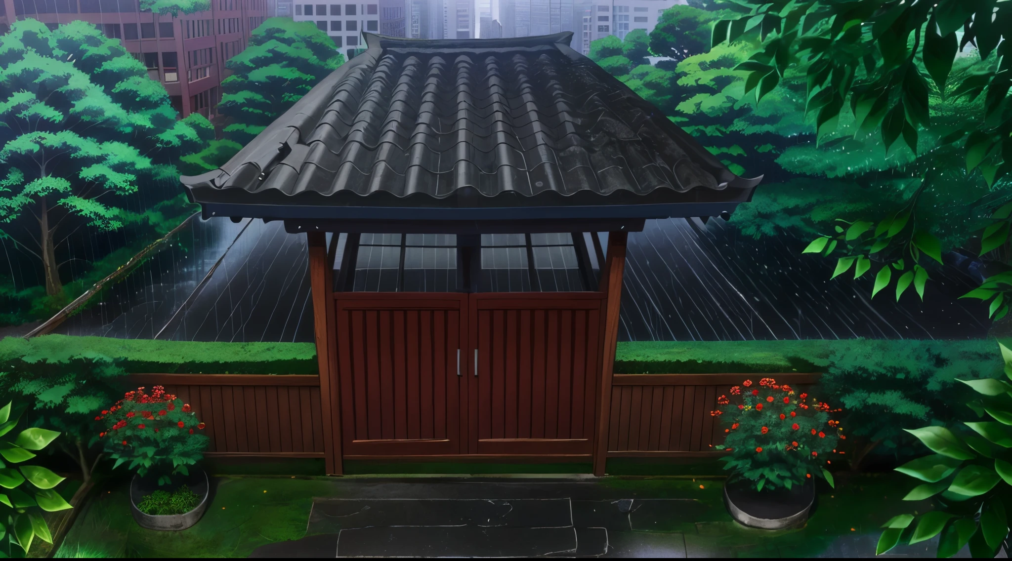 (Rainy sky) (Raindrops Falling) (Afternoon) (Grey Sky)
(80’s Anime) (Classic) (Vintage) (Retro)
1980’s Tokyo Jujutsu High School is a huge broad campus of several buildings build in a traditional Japanese High School architectural style.
The school building is well hidden in the center of Tokyo's City, far and high in the Downtown District. Naturally, there is a big garden where there are a lot of Red lily flowers (Higanbana) around the property to further obscure the location.
(View from the Above the Red Lily Flowers)