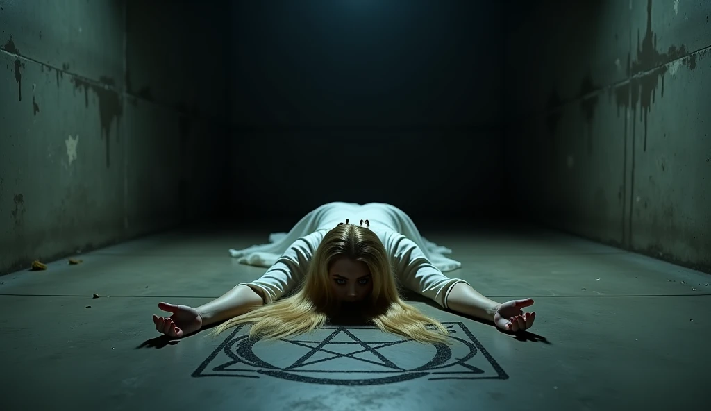 A glowing blue pentagram magic circle is drawn on the floor of the room.。Dimly lit room。Poor visibility。
