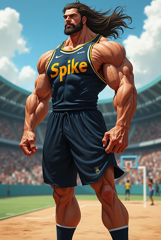 Basketball clothes,Basketball clothes上号码是八号,Nike shorts,White socks,No shoes,Full body portrait,Stretch your hands outward,Dark skin,Dark Skin,Solitary,individual,Brown skin,(Facing the audience),(muscular),Farther distance,The camera looks down from a high place, male, Huge body,The character is a burly man,Dynamic Action,Light from above,Clothes show shoulders,Clean face,Lift his head,Keep your eyes open,
