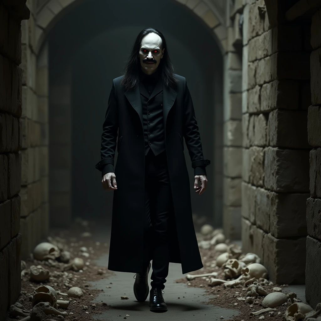 A sexy male with black long hair, teal blue eyes, and delicate facial features. He is wearing a black trench coat, black shiny leather jeans, and a horror mask. He is pointing at the camera. (No facial hair) (no body hair) (black and purple) (gloomy atmosphere) (Mysterious atmosphere) (((male))) (((a seductive male))) ((best quality)), ((masterpiece)), (detailed). (He is wearing a horror mask))) (no facial or body hair) (((MALE))) ((((BOY)))) (Make it realistic) ((Make it a sexy male)
