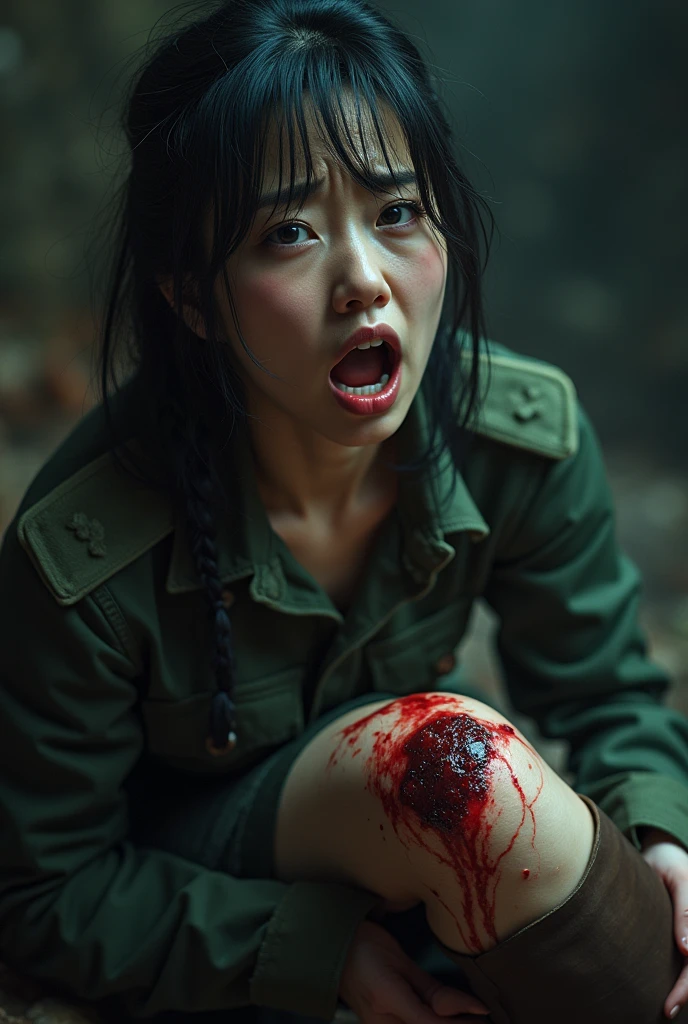 Korean girl dying, sword stuck at her chest, deep pain expresion at her face, died laying at the battle ground blood spurt out from her wound, naked, nude, death by stabbed at her chest, stabbed chest, with a sword, the sword stuck at her chest covered of blood body, blood spurt out from her wound