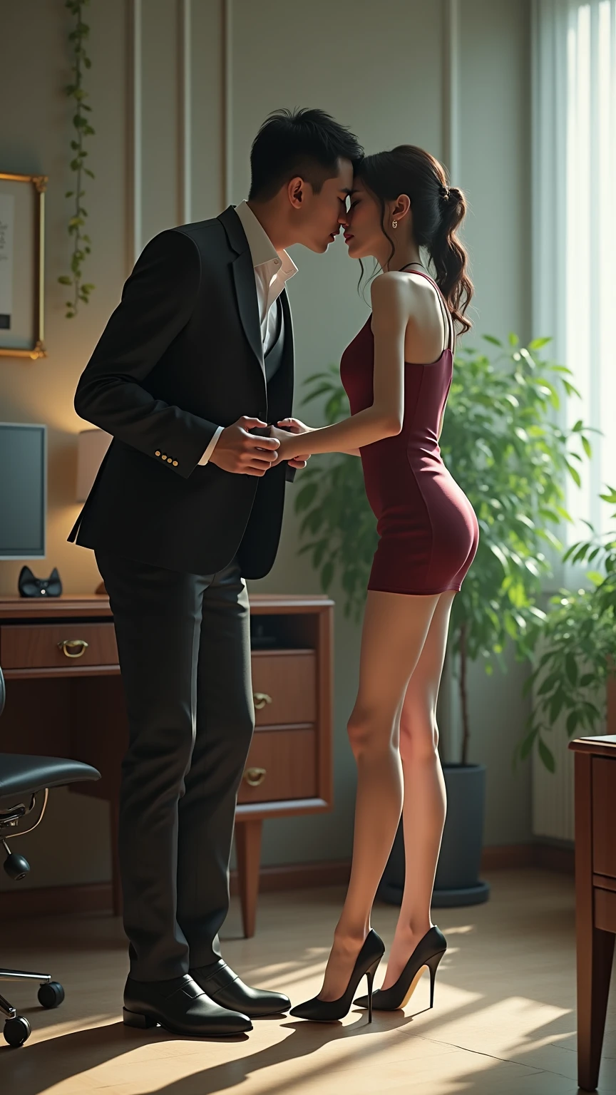 (People, Japanese, short black hair, luxury city hotel room, mini skirt, dress, wearing red heels, woman grabbing man's tie and swinging it around.