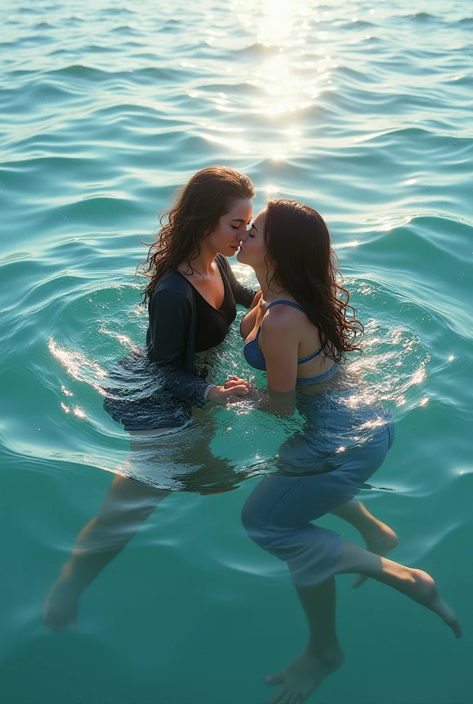 Deux femmes assises dans l'eau, ((toutes nues)), gros plan fantaisie avec magie de l'eau, belles jeunes filles, lesbienne, se regardant, se pencher, ((to undress)),moving, ((Seins nus)), lips moving, breasts moving, realistic oil painting, dripping, dans l'eau, Beautiful realistic painting, nymphe dans l'eau, Hyperrealistic portrait in a river, hyperrealistic fantasy art, splashing, peinture fantastique réaliste, nice shot, faible profondeur de champ, 8K, soaked, ((soaked)), eau qui coule, huile qui coule, wet everywhere, lipstick, cheveux mouillés et drippings