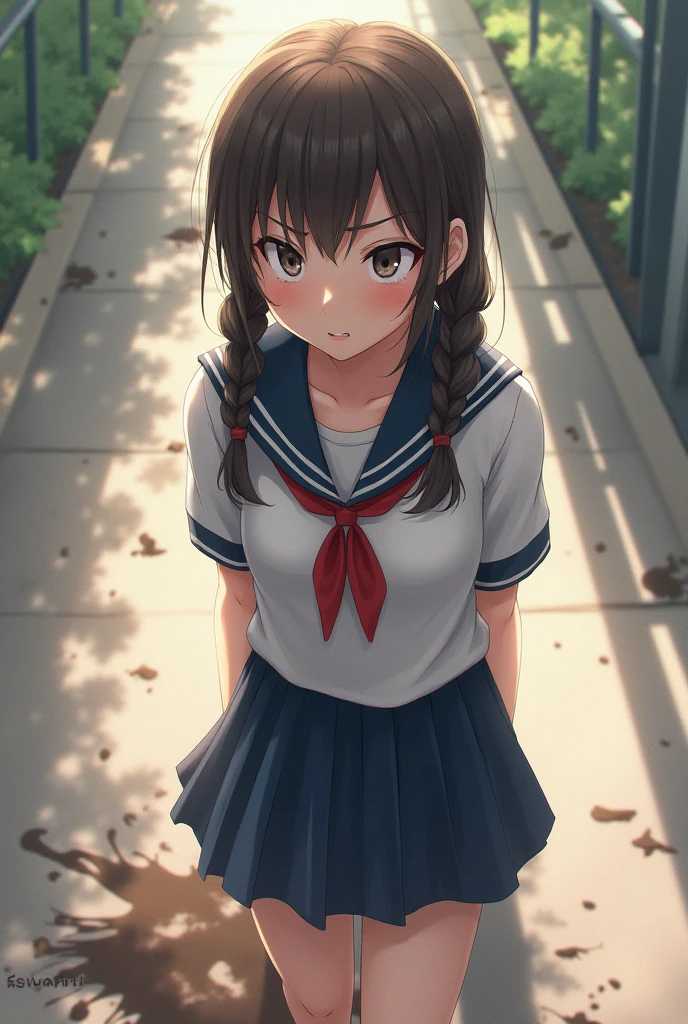 scowling face,cowboy shot,thin legs,standing,very young girl,extremely skinny girl,front shot,flat chest,low twin tails,black hair,red ribbon,pink panty,wedged panty,navy colored hip length sailor uniform, navy colored long skirt,white knee socks,burst out skirt,up skirt,panty shot,from below,ground level shot,love juice, girl