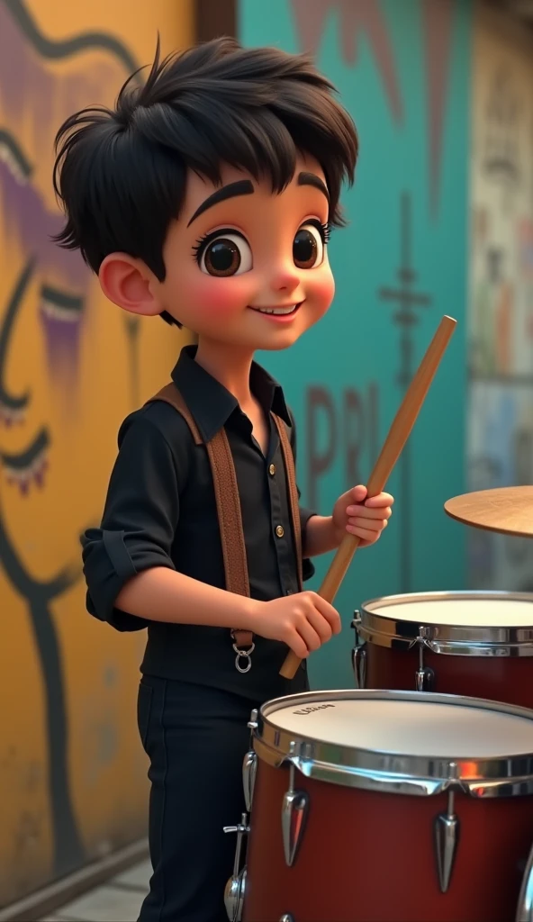 boy playing drums. skin fair, caramel curly hair, eyes browns, Round face.