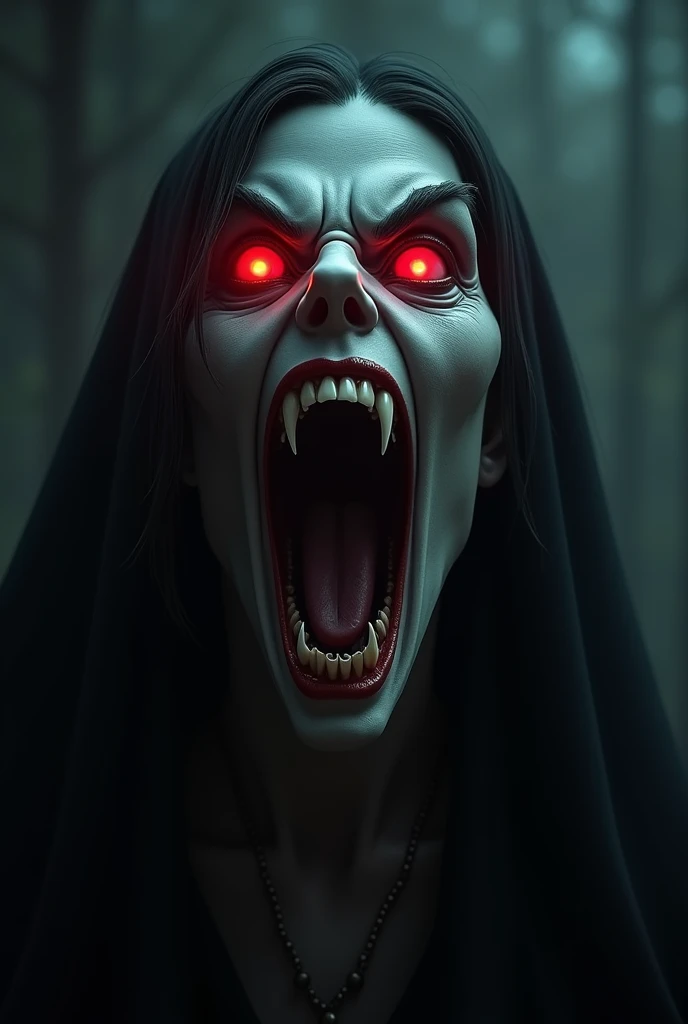 (misty, haze:2.0),(dimly lit:1.8), (translucent:1.4), (dark:1.6), (dark room:1.2), (chiaroscuro:1.8), shadow, (dark theme:1.2),cinematic movie still,(horror style:1.3), woman head with long black hair and a white ghostly face, wearing a creepy smile, (fading dark Red eyes:1.2), wide open , screaming expression, sharp fangs teethes, mood effect is eerie and unsettling,, absurdres, high sharp, ultra highres, high sharp, crystal clear, 4K, 8k, HD, UHD, super detail, absurdly detailed, highly detailed, best quality, high quality, Sharp