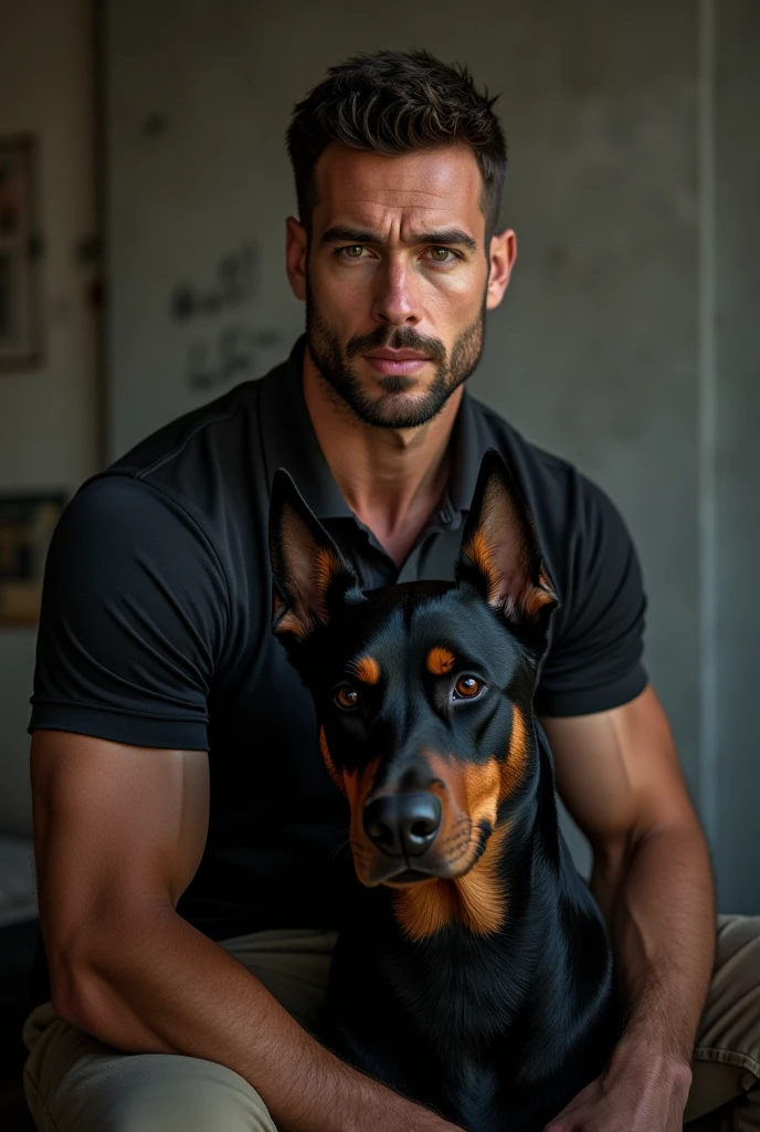 A photorealistic portrait of an insanely handsome attractive man, no shirts, very strong, short messy hair, chiseled and extremely tattooed sitting on a step next to a big fierce dog, a large door as the background, a colorized photo by Jesse Richards, instagram contest winner, maximalism, masculine, handsome, grotesque, photograph, detailed symmetric realistic face, extremely detailed natural texture, peach fuzz, long hair, masterpiece, absurdres, nikon d850 film stock photograph, kodak portra 400 camera f1.6 lens, extremely detailed, amazing, fine detail, hyper realistic lifelike texture, dramatic lighting, unrealengine, trending on artstation, cinestill 800 tungsten, looking at the viewer, photo realistic, RAW photo, TanvirTamim, high quality, highres, sharp focus, extremely detailed, cinematic lighting, 8k uhd,-imagine-