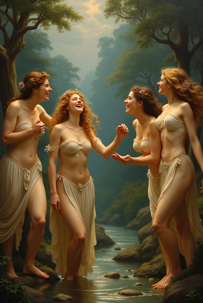 a painting of a group of goddes bathing in a river in forest, luis ricardo falero, gaston brussiere, by Raden Saleh, nymph, frank frazetta style painting, inspired by Raden Saleh, oil on canvas painting, by Fernando Amorsolo, by Herbert James Gunn, franz frazetta, 