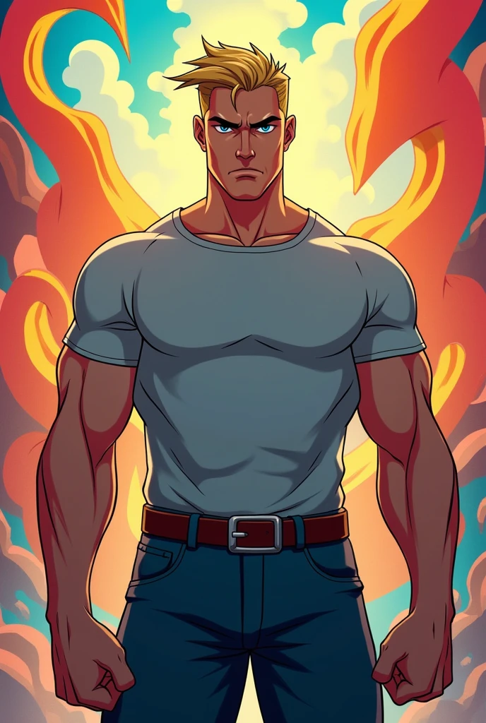 Affiche disney d'un jeune homme vivant en 2023 torse nu mettrisant le feu, musclé et ayant connus des souffrances