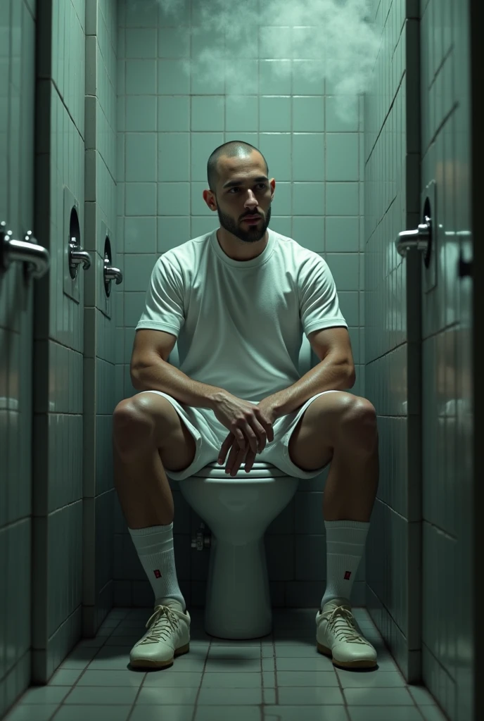 Skinny, muscular, mixed race gas station attendant sitting on the bathroom floor in white underwear, red cap and discreet gold chain around the neck, Looking at cell phone, being watched by two men sitting on the bench.