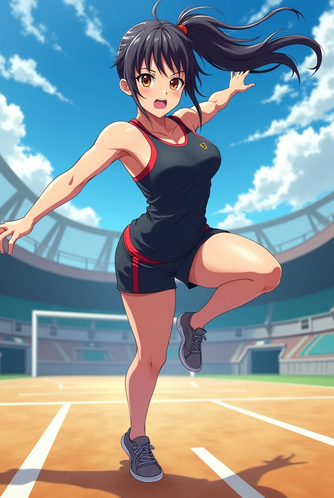  source_anime, 1 , Alone, aysmm ,  medium breasts,  brown hair ,  brown eyes , medium hair, Black necklace,  student costume (tight white shirt and black mini skirt , socks),  thick thighs , beautiful legs,  blue sky, to smile,  looking at the spectator perfect hands,  perfect fingers,  fighting posture, from below, Serious,  dynamic angle