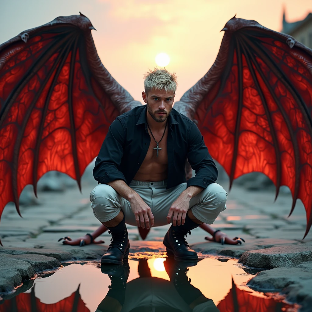 1boy, 25 years old, tan skin, white to blonde faded hair, full body tattoo, body hair, facial hair, demon horn, demon wings, hell throne