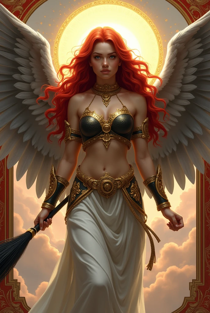 Berserker, Barbarian female angel, Arte de Fantasia, of his gaze alone enemies beginning to panic, one head, devilish smile, besta do inferno, demonio, White Fire Sky, guerreira, com foice e escudo, lindo, Female angels, Werelion, Long red braided hair, olhos dourados brilhantes, realista, altamente detalhados, Motor irreal, 8k de luxo