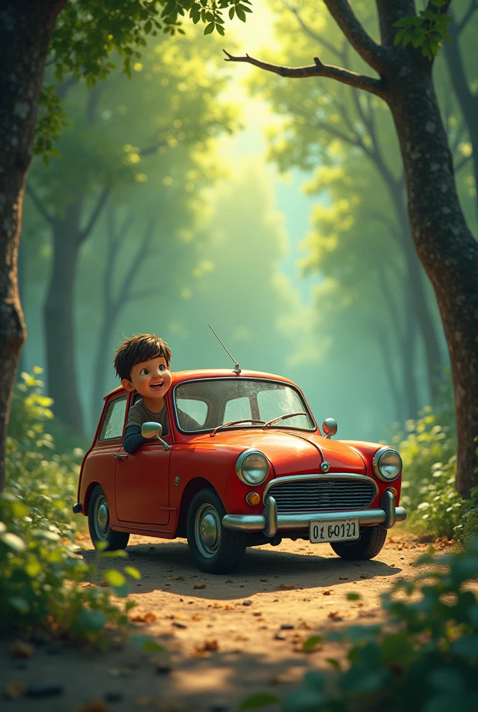 A sky blue car in a forest a boy stan in front of car chandan written on car