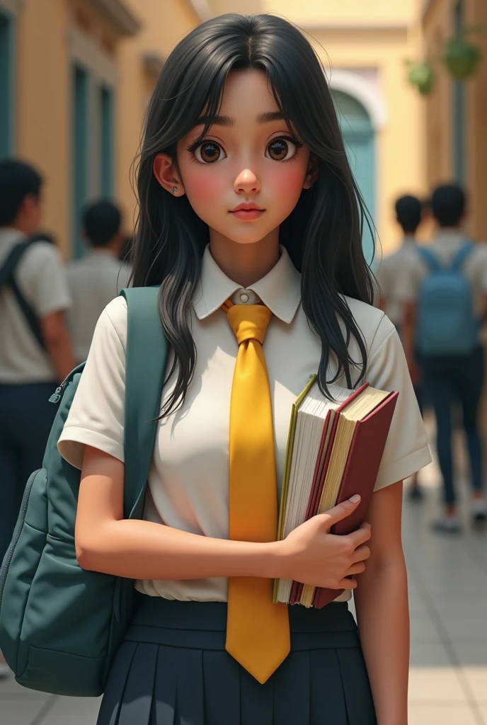 schoolgirls,Image of student with long black curly hair,Smile sweetly,holding a book in his hands