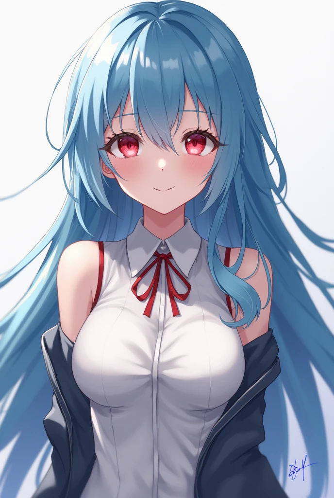 nsfw, 1girl, swimsuit, striped bikini, striped thongs, bare shoulders, bare arms, navel, thighhighs, masterpiece, best quality, ï¼1girl, solo, long_hair, red_eyes, ribbon, red_ribbon, neck_ribbon, looking_at_viewer, school_uniform, blue_hair, blue_background, upper_body, shirt, closed_mouth, white_shirt, short_sleeves, bangs, hair_between_eyes, tokyo-3_middle_school_uniform, sky, very_long_hair, blue_sky