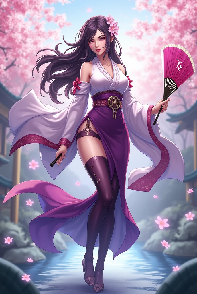 a painting of 30 years old woman, (ChizuruMS) on a Sakura garden background, 1girl, straight hair, large breasts, looking at viewer, ((bare legs)), headband, black heels, wow, is beautiful, beautiful hands, perfect legs, green sphere powers