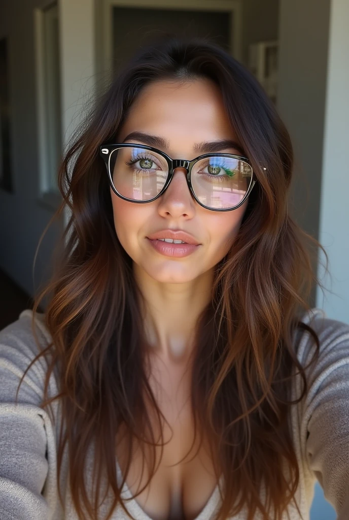Plus size brunette woman, pinkish brown skin, rounded dark brown eyes, glasses, cherry red hair, dark roots