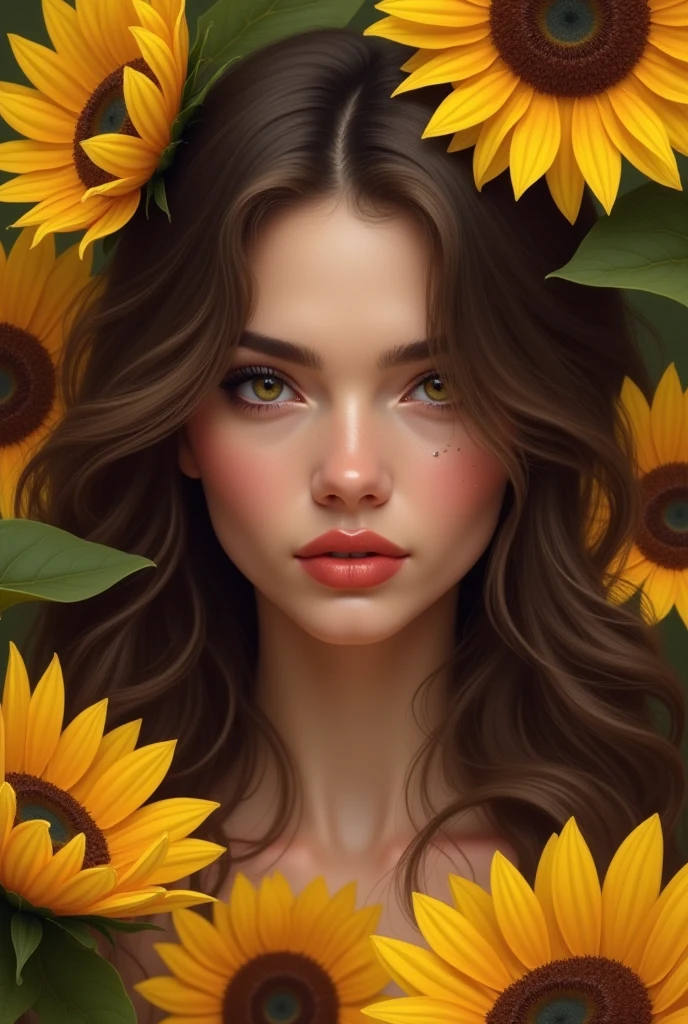 Fantasy, a beautiful female, Surrounded by sunflower, holding a sunflower, finely detailed features, hair exploding into multicolored flowers, intricate brush strokes, beautiful lighting, Cinematic, Color Grading, full body, stylized anatomy, long hair, UHD, 16k