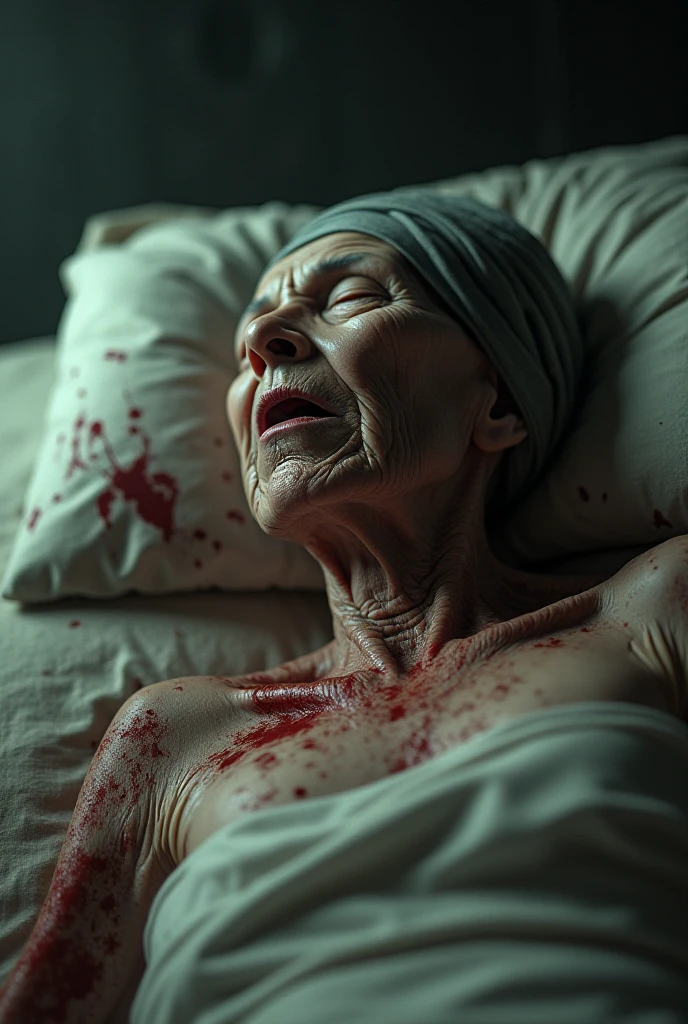A fork hitting a bleeding old woman and a pillow