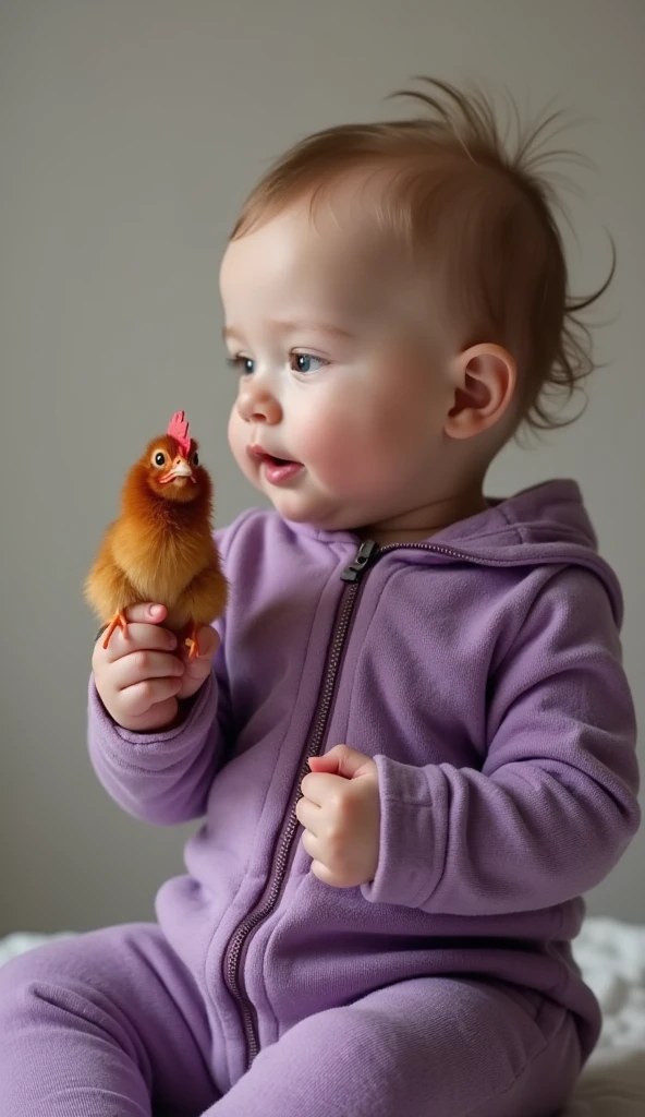 Portrait of a of 3 of age aArgentine nationality, with a pink dress, holding a chicken, on a light blue background; with a style of 19th century noble portraits.