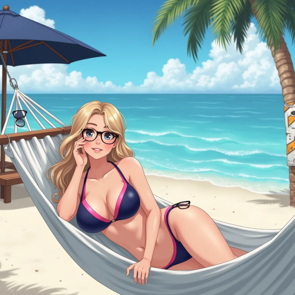 cherrmous style, illustration, detailed, masterpiece,HDR, detailed sharp, best quality, (Detailed face:1.2), (Detailed eyes:1.2), 1girl, solo, (Gwen Stacy:1.1), platinum blonde hair, bright blue eyes, ((Wearing a flossing blue bikini)), standing, hands on hips, beautiful beaches, palm trees, beach resort, beach vacation, summer getaway, relaxed atmosphere, cinematic lighting, sunset, detailed background,