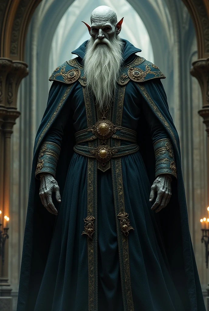 A male wizard with white hair and purple highlights with a blindfold covering his left eye and only the left eye. On his clothes there are drawing details with eyes. 