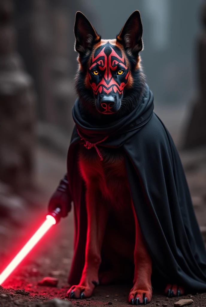 cinematic star wars, black wolf humanoid sith lord, extremely detailed face and features, , intricate armor, red glowing lightsaber, dramatic lighting, epic fantasy, muted color palette, cinematic composition, dramatic combat poses, hyper realistic, 8k, high quality, masterpiece