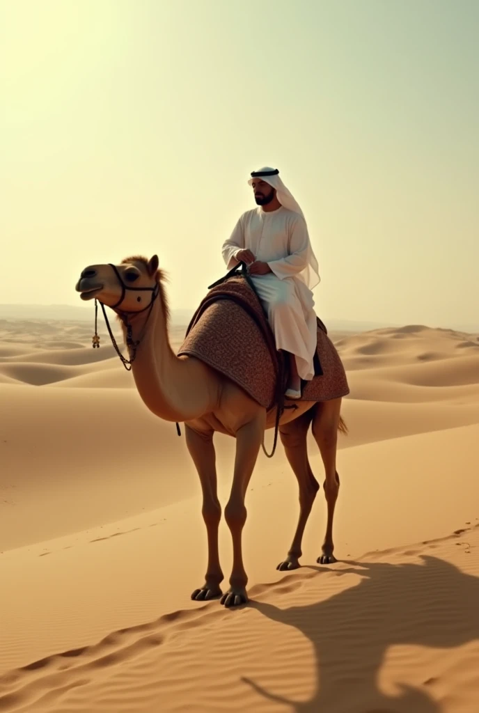 Messi is sitting up a camel in a desert wearing white dress like a Arabic