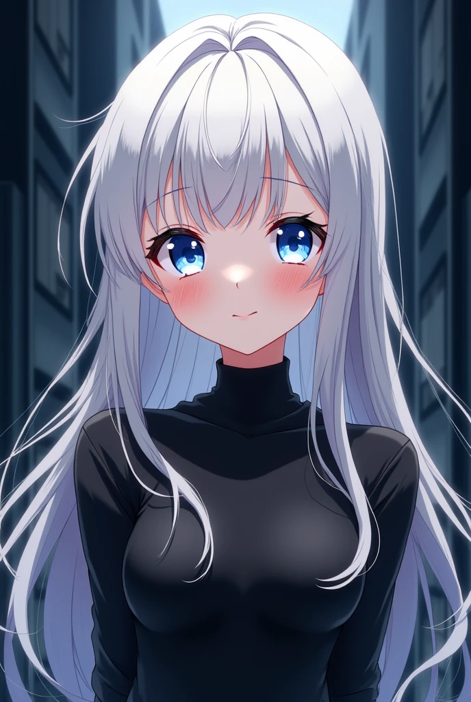 an 18-year-old girl with long white hair , blue eyes, with a cheerful and friendly attitude, wearing black clothes. Anime version and in the dark