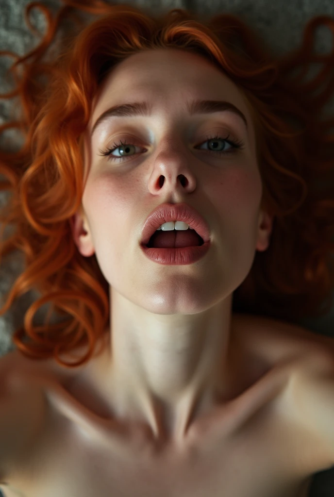 1 Girl, porcelain doll, 13 years old, (bright red hair:1.3), shoulder-length hair, freckles, blue eyes, photo, (photorealism:1.4), realistic anatomy, medium breasts, puffy nipples, pink panties, pink bosom, white unbuttoned shirt, black skirt, the girl lifts her skirt so that her panties are visible, the girl sits on the bed, lascivious face, sexy.RAW photo, Highly detailed skin, exposed, Photography, Masterpiece, Best quality, Gorgeous, Ultra-detailed face, Detailed blue eyes, ((no close up)), Yawning, Very wide open mouth. Open blouse