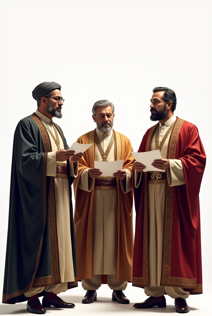 Three men from the Ottoman era standing delivering a speech with paper in their hands wearing traditional clothes behind a white background