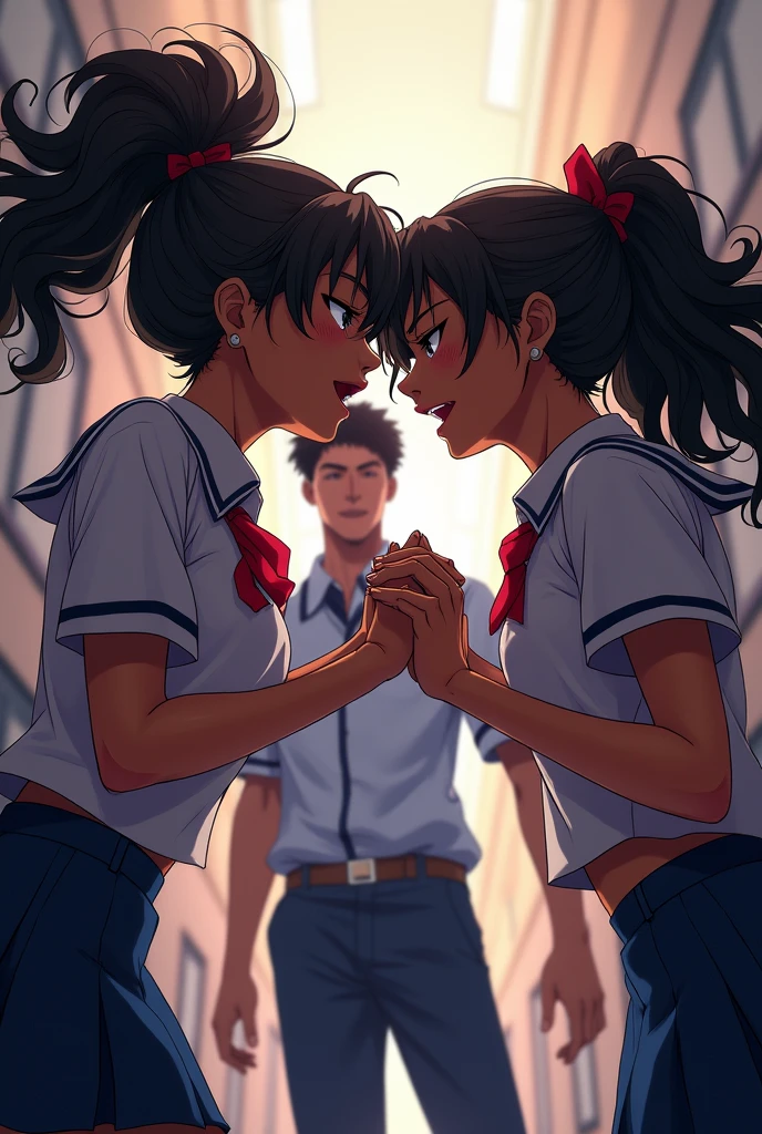 A wrestling 
fight between 2 Indian girls at school . In skirts. With anger in face. In school classroom. Other students cheering them
