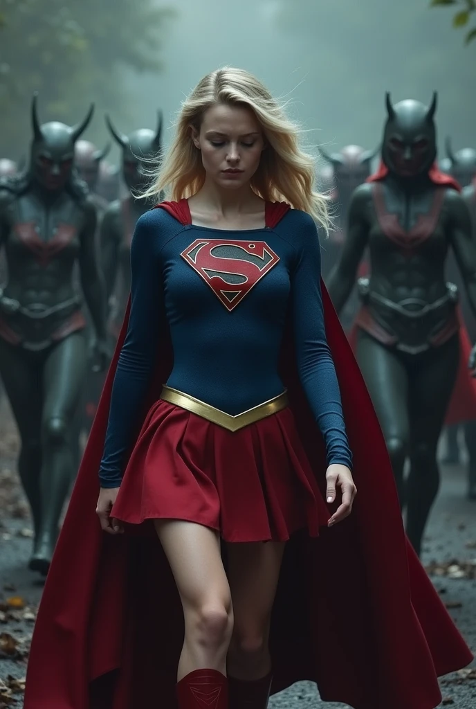 A beautiful woman Gaia Weiss under the mantle of the Kryptonian Kara Zor-El alias Supergirl long blonde hair reaching her knees with her hands on her face screaming exhausted after a battle blood around her black leather jacket blue corset and black leather pants red boots reflection of her in the blood terrifying and bloody images DC universe logo