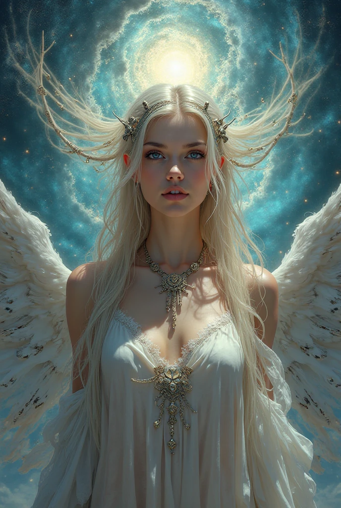 Girl with diamond blue eyes and long white hair, with golden angel wings and diamond blue horns