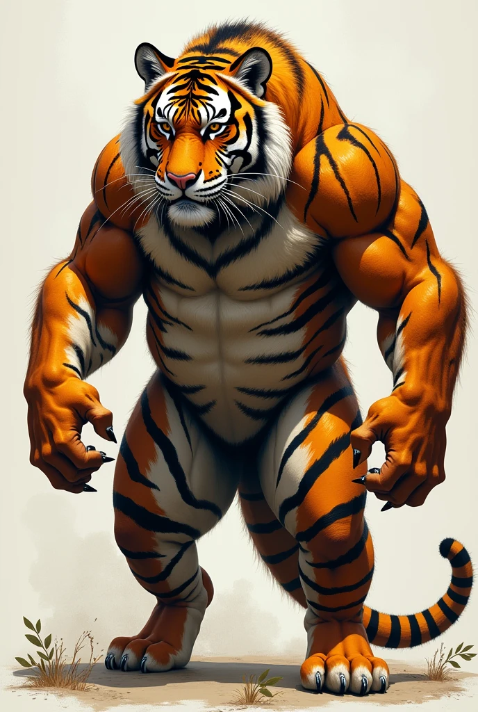 arafed tiger with a body painted like a man, tiger_beast, muscular character, exaggerated muscle physique, extreme muscles, muscular characters, anthropomorphic tiger, muscled, exaggerated physique, bodybuilder body, muscular and terrifying, bulging muscles, very beautiful. big muscles, chiseled muscles, exaggerated muscles, huge glistening muscles