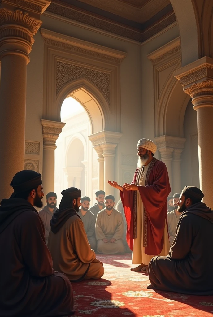 Small islamic boys wear robes and turbans and teacher prays in classroom