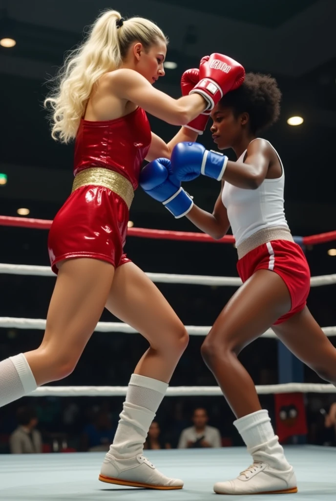 Emma Watson, age 14, cute Olympic boxing outfit, in a boxing stance. She is in the boxing ring facing Mike Tyson (age 30, in his muscular prime, scary tattoos, fighting stance)