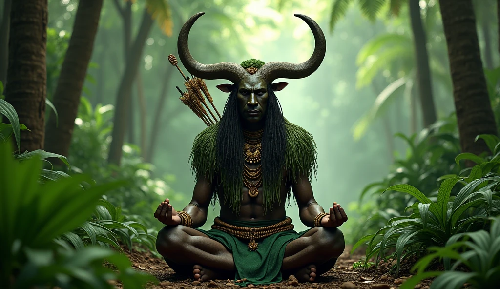 Prompt ai images"The Mighty Gajmukhasur
A powerful demon, Gajmukhasur, is shown performing intense penance under a large, ancient tree. The surroundings are dark and ominous, with an aura of his growing strength"